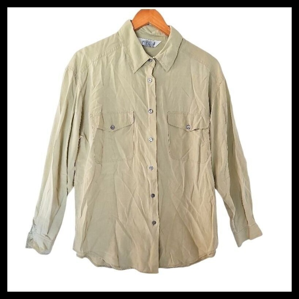 Allison Taylor Green Button Down 100% Silk Top Shirt M Medium Green Chest Pocket